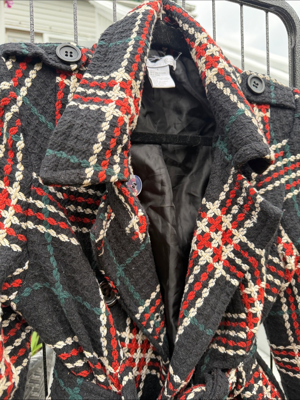 Plaid Belted Wool-Blend Trench Coat - blue, orange, green, Cream - Picture 5 of 7
